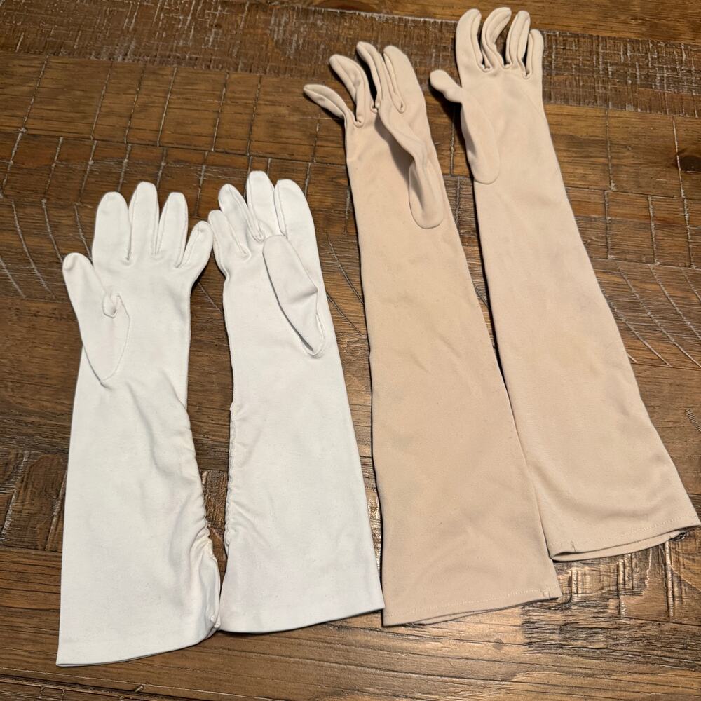 Vintage Womens Gloves Lot 2 Pairs White Mid Arm Ruching Tan Beige Opera 18"